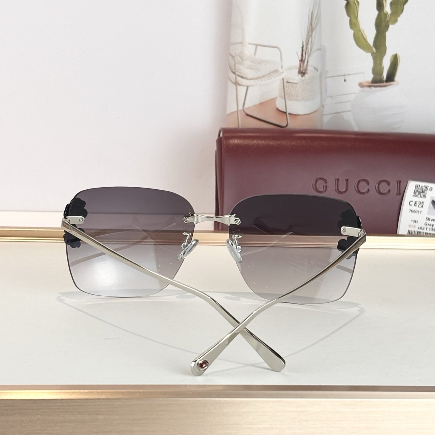D**R Rimless Square Sunglasses | Silver Metal Temples, 3D Black Floral Detail & Grey Gradient Lenses