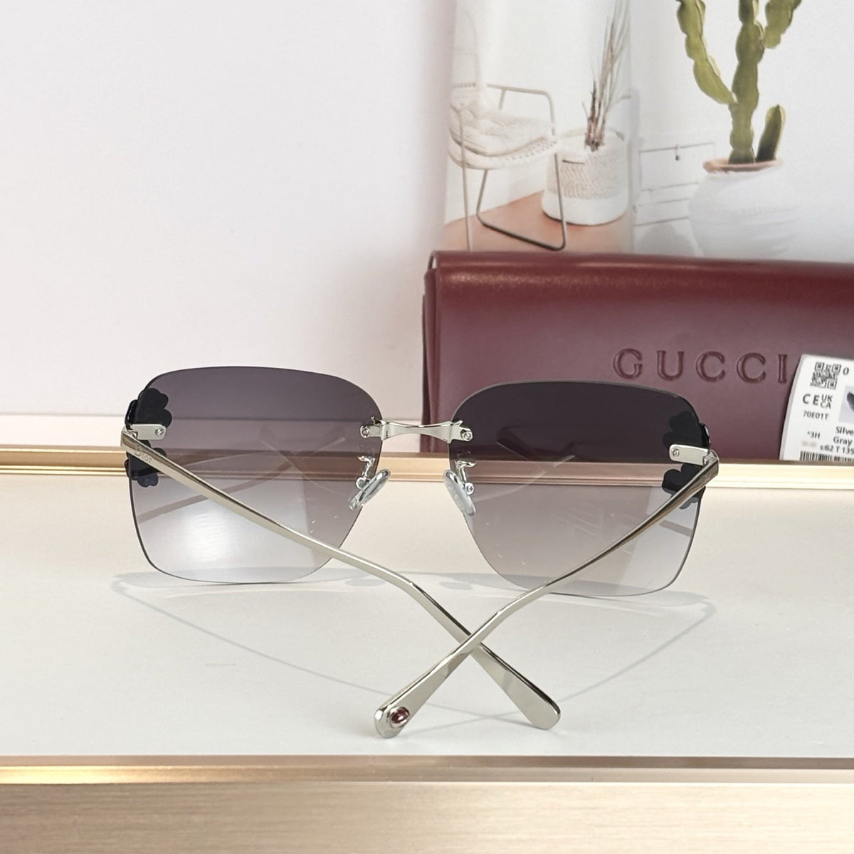 D**R Rimless Square Sunglasses | Silver Metal Temples, 3D Black Floral Detail & Grey Gradient Lenses