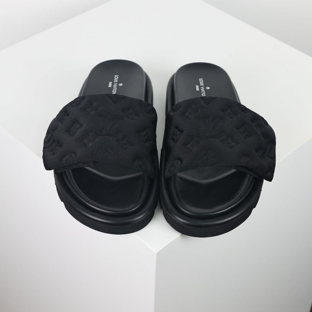 L***V All-Black Tonal Monogram Puffy Quilted Wide Strap Platform Slide Sandals — 2024 Spring Summer Boutique Limited Edition