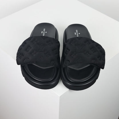 L***V All-Black Tonal Monogram Puffy Quilted Wide Strap Platform Slide Sandals — 2024 Spring Summer Boutique Limited Edition