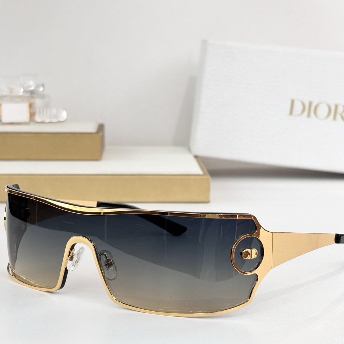 D**R Shield Wraparound Sunglasses | One-Piece Lens, Metal Frame, CD Circle Badge Temple, Silver & Gold | 6 Colors