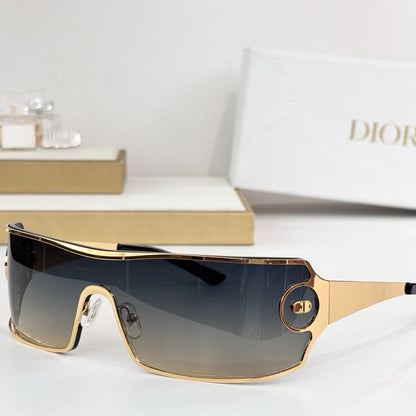 D**R Shield Wraparound Sunglasses | One-Piece Lens, Metal Frame, CD Circle Badge Temple, Silver & Gold | 6 Colors