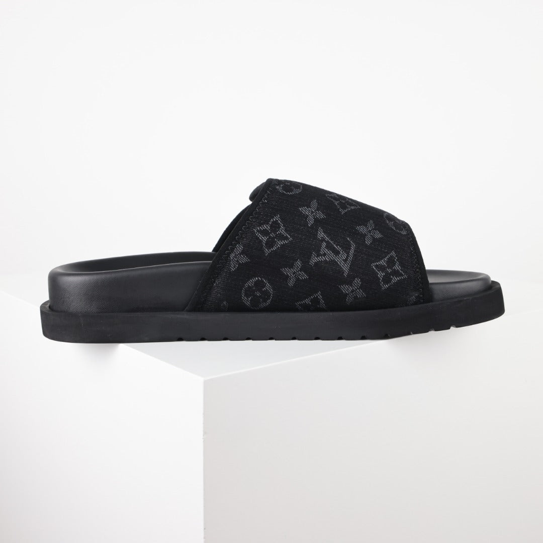 L***V All-Black Giant Monogram Floral Tonal Embroidery Slip-On Wide Strap Miami Slide Sandals — Spring Summer Boutique Limited Edition