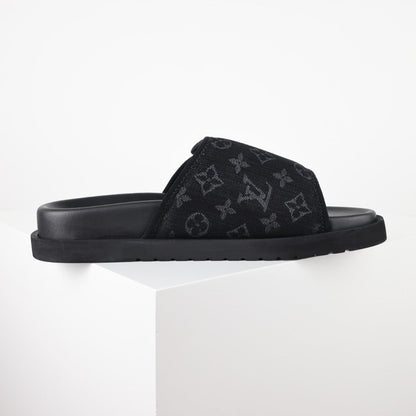 L***V All-Black Giant Monogram Floral Tonal Embroidery Slip-On Wide Strap Miami Slide Sandals — Spring Summer Boutique Limited Edition