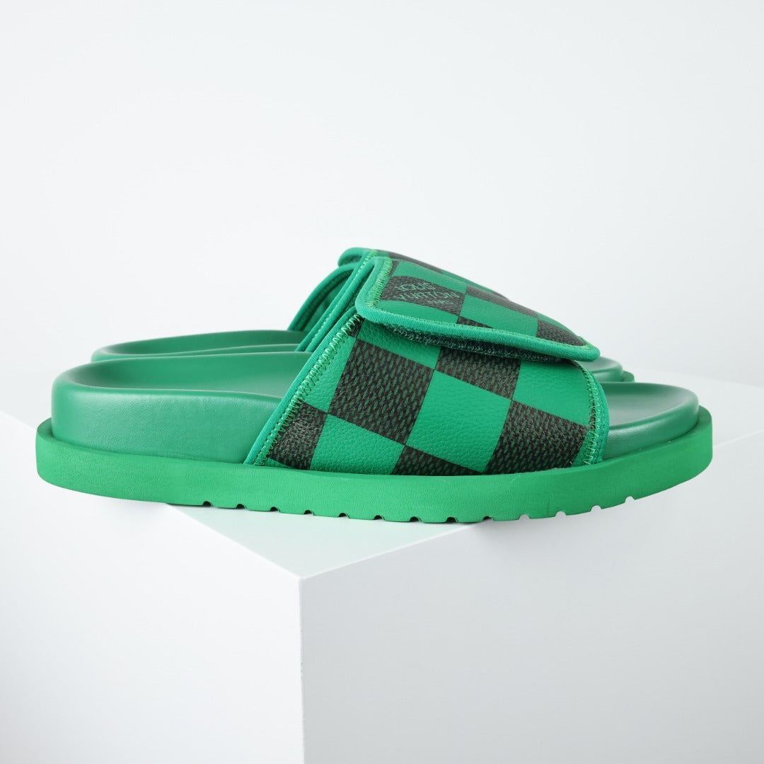 L***V Grass Green Black Damier Checkerboard Velcro Adjustable Wide Strap Miami Slide Sandals — Spring Summer Boutique Limited Edition