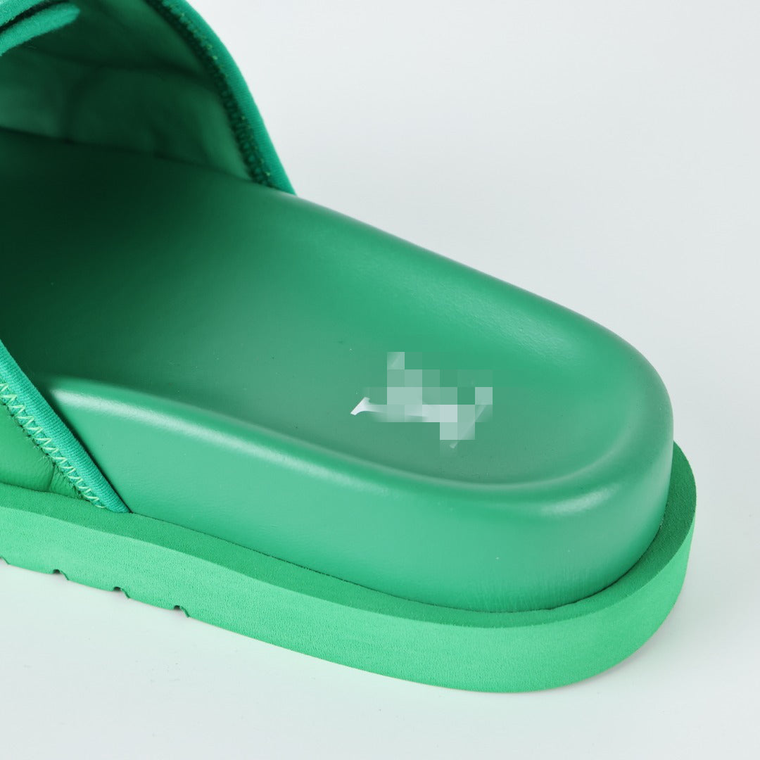 L***V Grass Green Inflated Pillow Leather Velcro Adjustable Wide Strap Miami Slide Sandals — Spring Summer Boutique Limited Edition