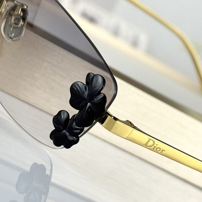 D**R Clover S1U Rimless Sunglasses | Gold Metal Frame, Dark Green Floral Detail & Grey Lenses