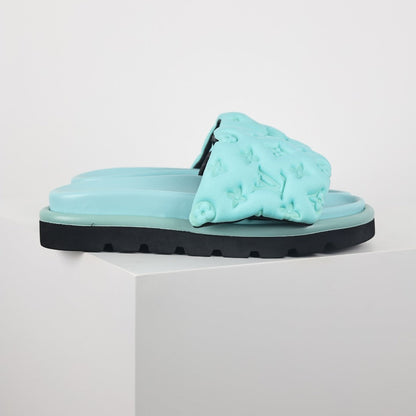 L***V Mint Green Tonal Monogram Puffy Quilted Wide Strap Platform Slide Sandals — 2024 Spring Summer Boutique Limited Edition