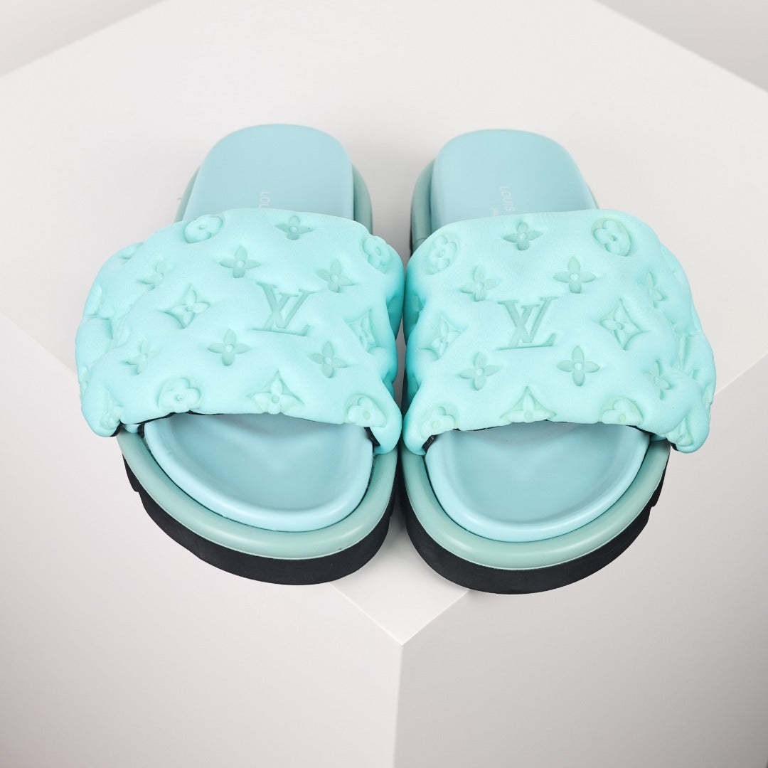 L***V Mint Green Tonal Monogram Puffy Quilted Wide Strap Platform Slide Sandals — 2024 Spring Summer Boutique Limited Edition