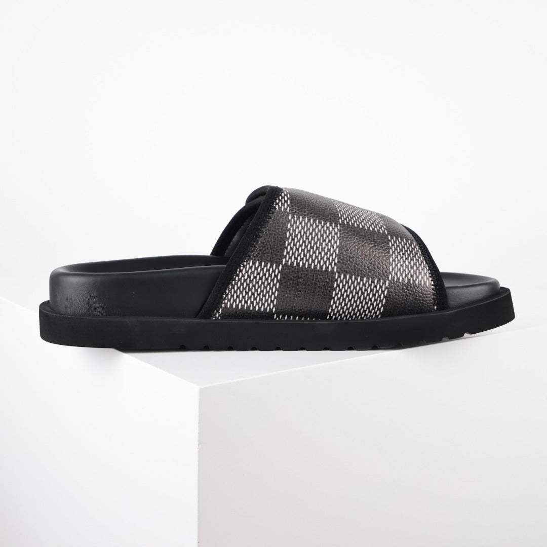 L***V Damier Graphite Black White Grey Woven Jacquard Velcro Adjustable Wide Strap Miami Slide Sandals — Spring Summer Boutique Limited Edition