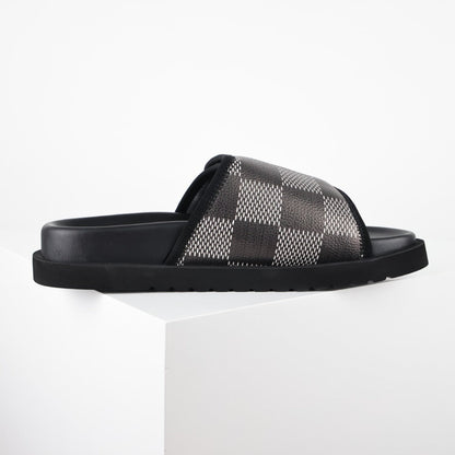 L***V Damier Graphite Black White Grey Woven Jacquard Velcro Adjustable Wide Strap Miami Slide Sandals — Spring Summer Boutique Limited Edition