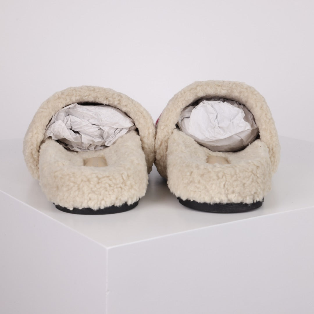 L***V Cream White Hot Pink Monogram Shearling Lambswool Single Strap Slide Sandals — Autumn Winter Boutique Limited Edition