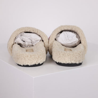 L***V Cream White Hot Pink Monogram Shearling Lambswool Single Strap Slide Sandals — Autumn Winter Boutique Limited Edition
