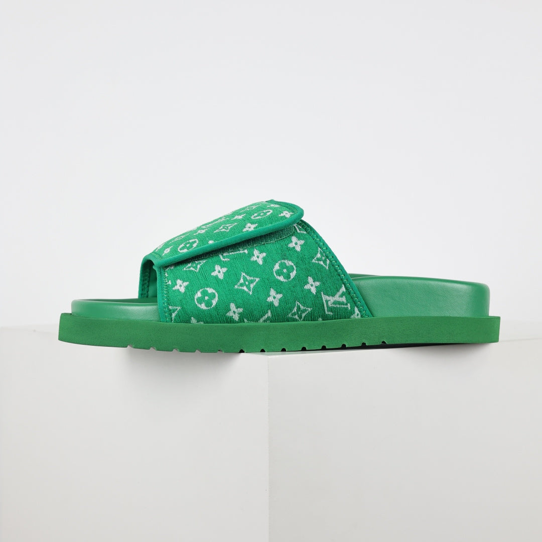 L***V Grass Green Monogram Jacquard Twisted Bow Ruched Strap Miami Slide Sandals — Spring Summer Boutique Limited Edition