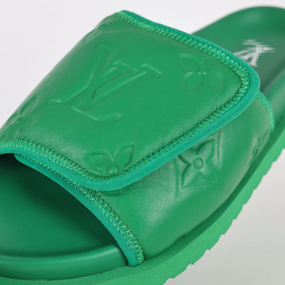 L***V Grass Green Inflated Pillow Leather Velcro Adjustable Wide Strap Miami Slide Sandals — Spring Summer Boutique Limited Edition
