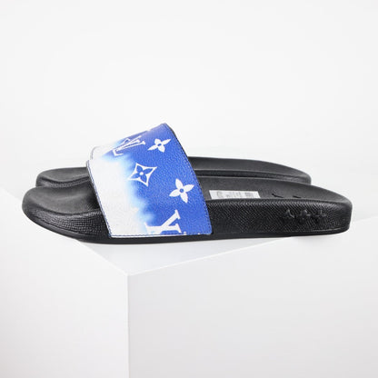 L***V White Cobalt Blue Ombre Tie-Dye Oversized Monogram Waterfront Wide Strap Slide Sandals — Spring Summer Boutique Limited Edition