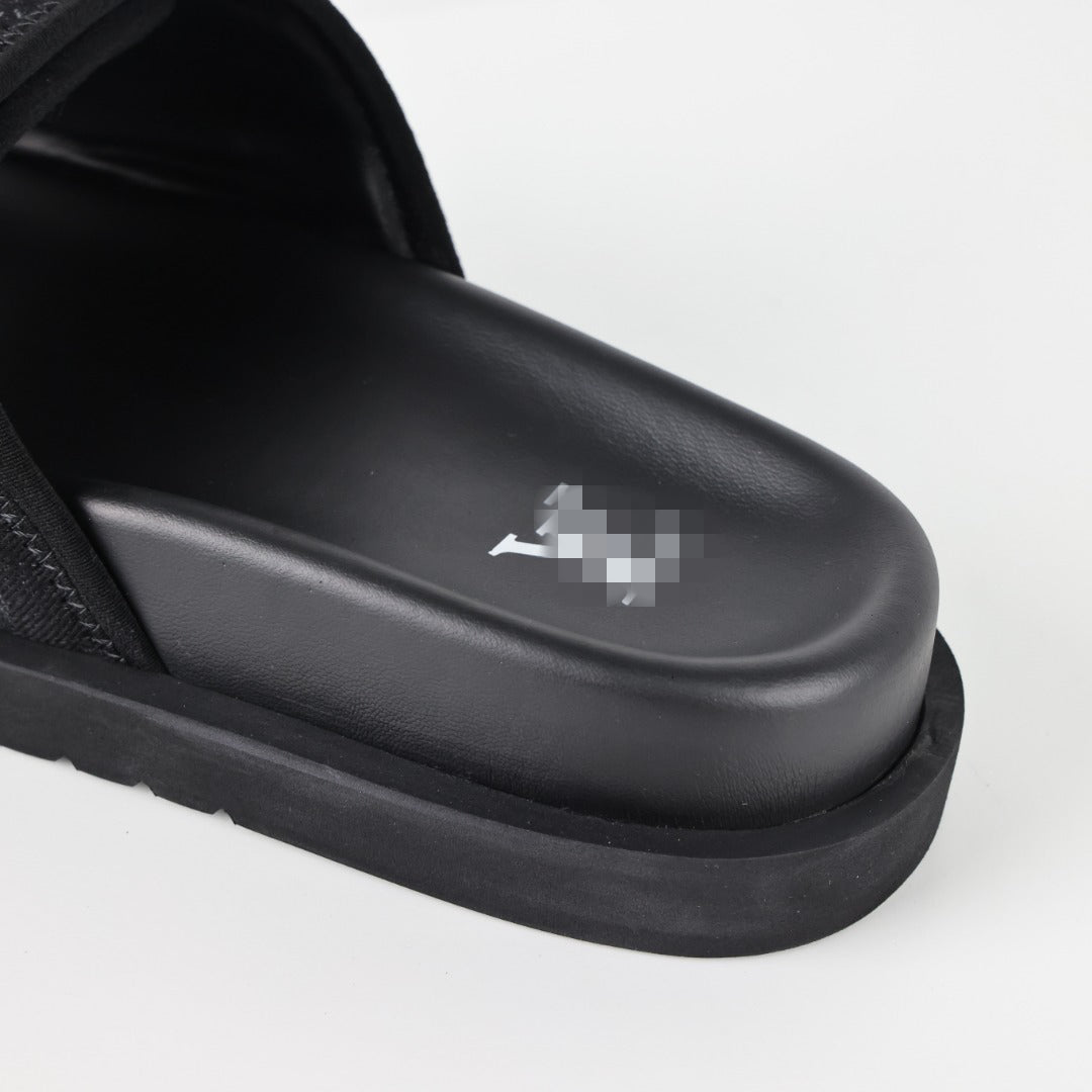 L***V All-Black Giant Monogram Floral Tonal Embroidery Slip-On Wide Strap Miami Slide Sandals — Spring Summer Boutique Limited Edition
