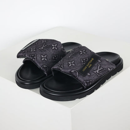 L***V All-Black Embossed Monogram Leather Wide Strap Platform Slide Sandals — Spring Summer Boutique Limited Edition