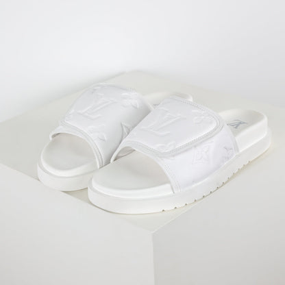 L***V Ivory White Inflated Pillow Leather Twisted Bow Ruched Strap Miami Slide Sandals — Spring Summer Boutique Limited Edition
