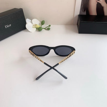 D**R Oval Sunglasses with Glossy Black Acetate Frame, Dark Grey Lenses & Gold Filigree Pearl Embellished Temple Hardware