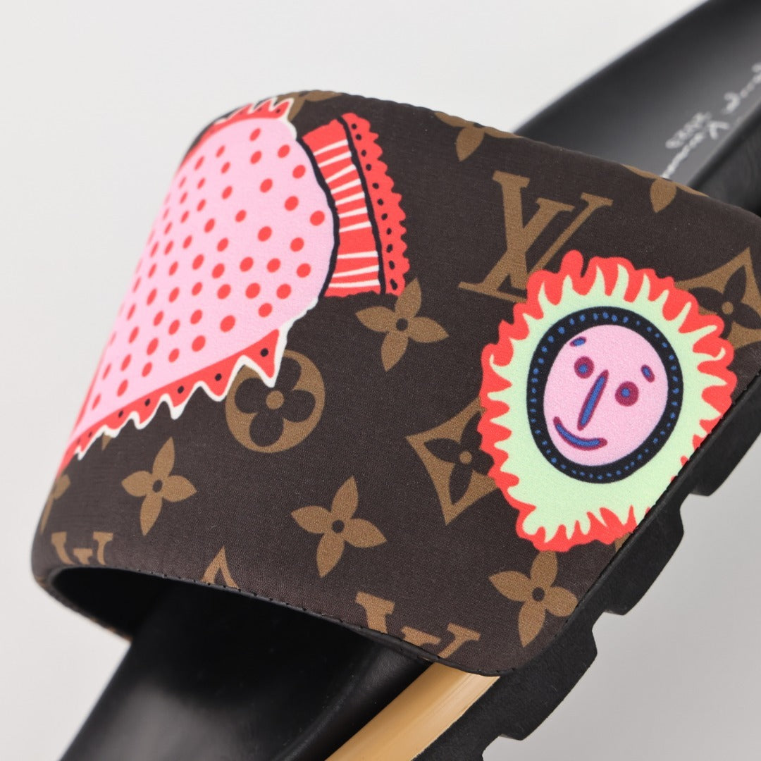 L***V Monogram Graffiti Slide Sandals — Limited Edition Print Single Strap Pool Slippers (4 Colors)