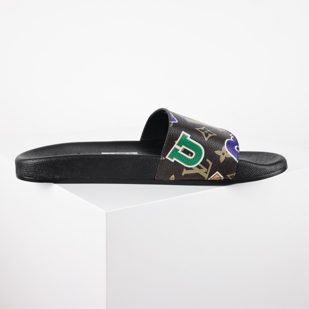 L***V Camo Multicolor Sticker Print Waterfront Wide Strap Slide Sandals — Spring Summer Boutique Limited Edition