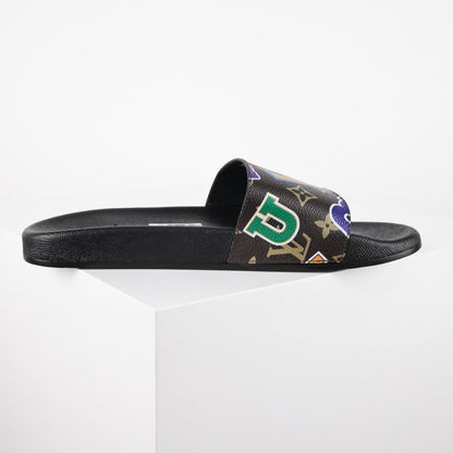 L***V Camo Multicolor Sticker Print Waterfront Wide Strap Slide Sandals — Spring Summer Boutique Limited Edition