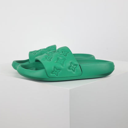 L***V Kelly Green Tonal Monogram Embossed Waterproof EVA Waterfront Wide Strap Slide Sandals — Spring Summer Boutique Limited Edition