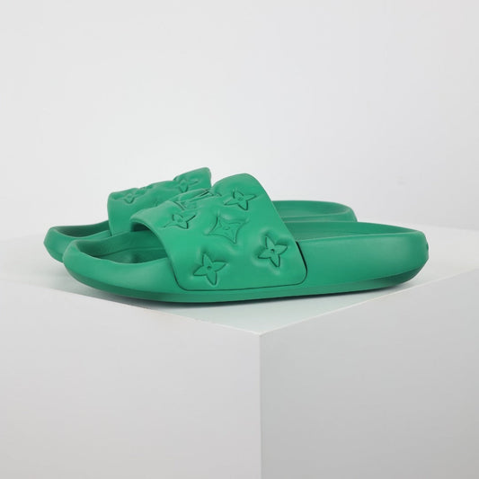 L***V Kelly Green Tonal Monogram Embossed Waterproof EVA Waterfront Wide Strap Slide Sandals — Spring Summer Boutique Limited Edition