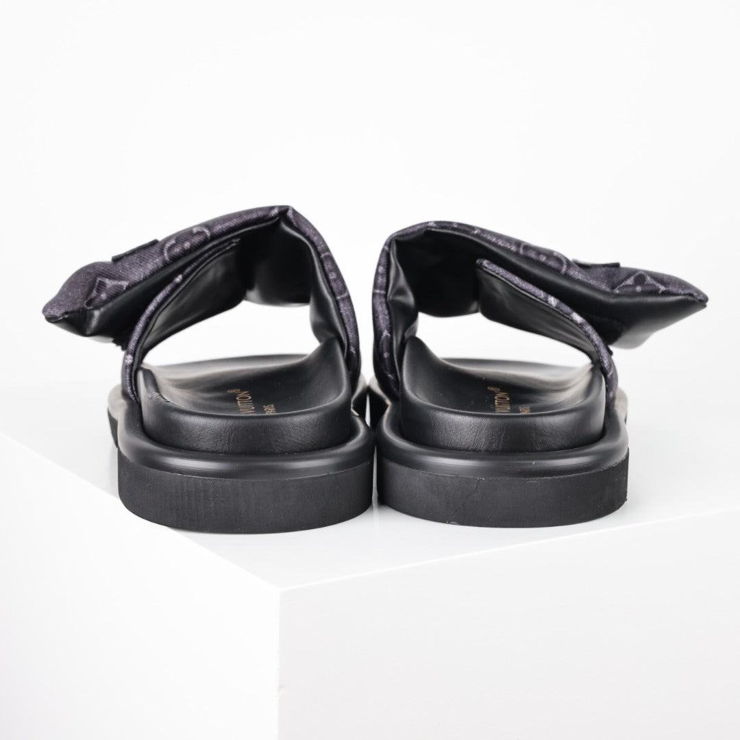 L***V Dark Grey Monogram Nylon Pool Pillow Comfort Wide Strap Slide Sandals — Spring Summer Boutique Limited Edition