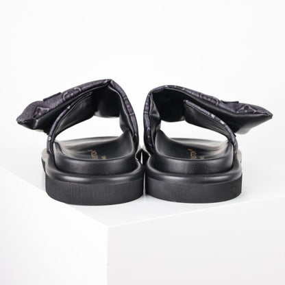 L***V Dark Grey Monogram Nylon Pool Pillow Comfort Wide Strap Slide Sandals — Spring Summer Boutique Limited Edition
