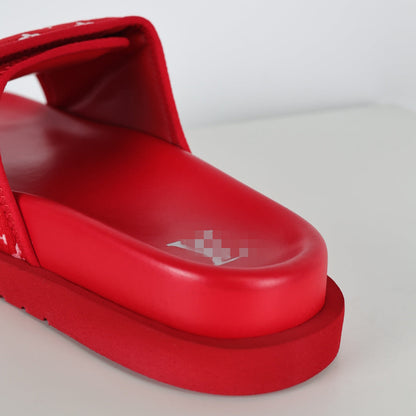 L***V Scarlet Red Monogram Jacquard Twisted Bow Ruched Strap Miami Slide Sandals — Spring Summer Boutique Limited Edition