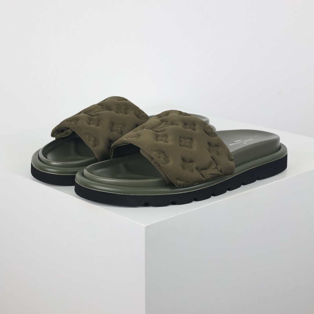 L***V Olive Green Tonal Monogram Puffy Quilted Wide Strap Flat Slide Sandals — 2024 Spring Summer Boutique Limited Edition