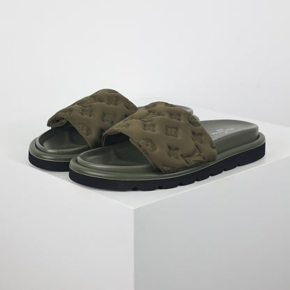 L***V Olive Green Tonal Monogram Puffy Quilted Wide Strap Flat Slide Sandals — 2024 Spring Summer Boutique Limited Edition