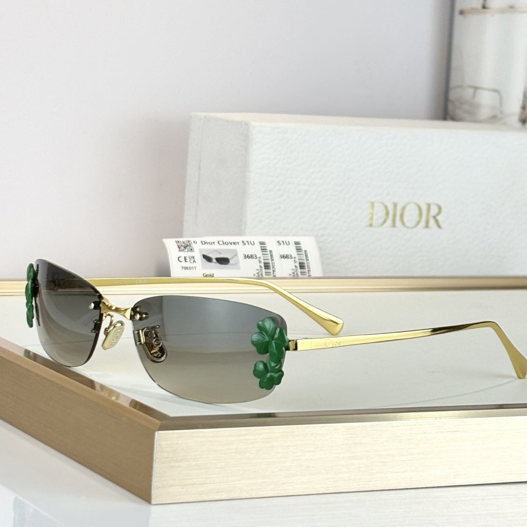 D**R Clover S1U Rimless Sunglasses | Gold Metal Frame, Dark Green Floral Detail & Grey Lenses