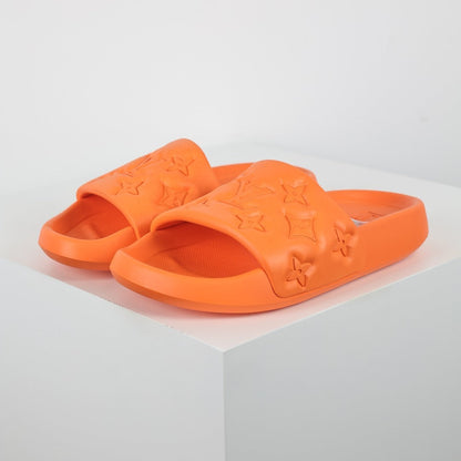 L***V Vivid Orange Tonal Monogram Embossed Waterproof EVA Waterfront Wide Strap Slide Sandals — Spring Summer Boutique Limited Edition