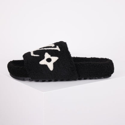 L***V Black White Monogram Shearling Lambswool Fluffy Double Strap Slide Sandals — Autumn Winter Boutique Limited Edition