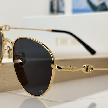 D**R Slim Round Sunglasses with Polished Gold Metal Wire Frame, Dark Grey Solid Lenses & CD Monogram Lens Detail