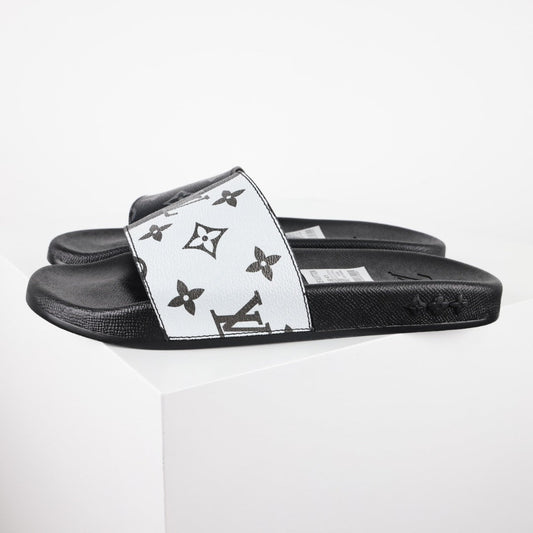 L***V White Black Grey Giant Monogram Waterfront Wide Strap Slide Sandals — Spring Summer Boutique Limited Edition