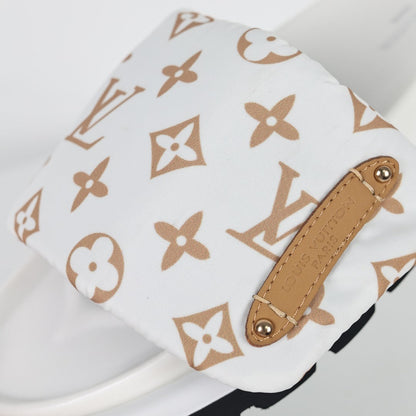L***V White Giant Monogram Canvas Leather Trim Flat Slide Sandals — 2024 Spring Summer Boutique Limited Edition