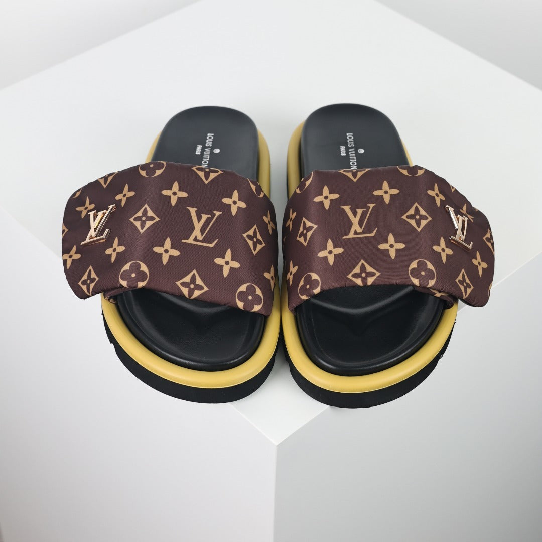 L***V Dark Brown Giant Monogram Canvas Wide Strap Platform Slide Sandals — 2024 Spring Summer Boutique Limited Edition