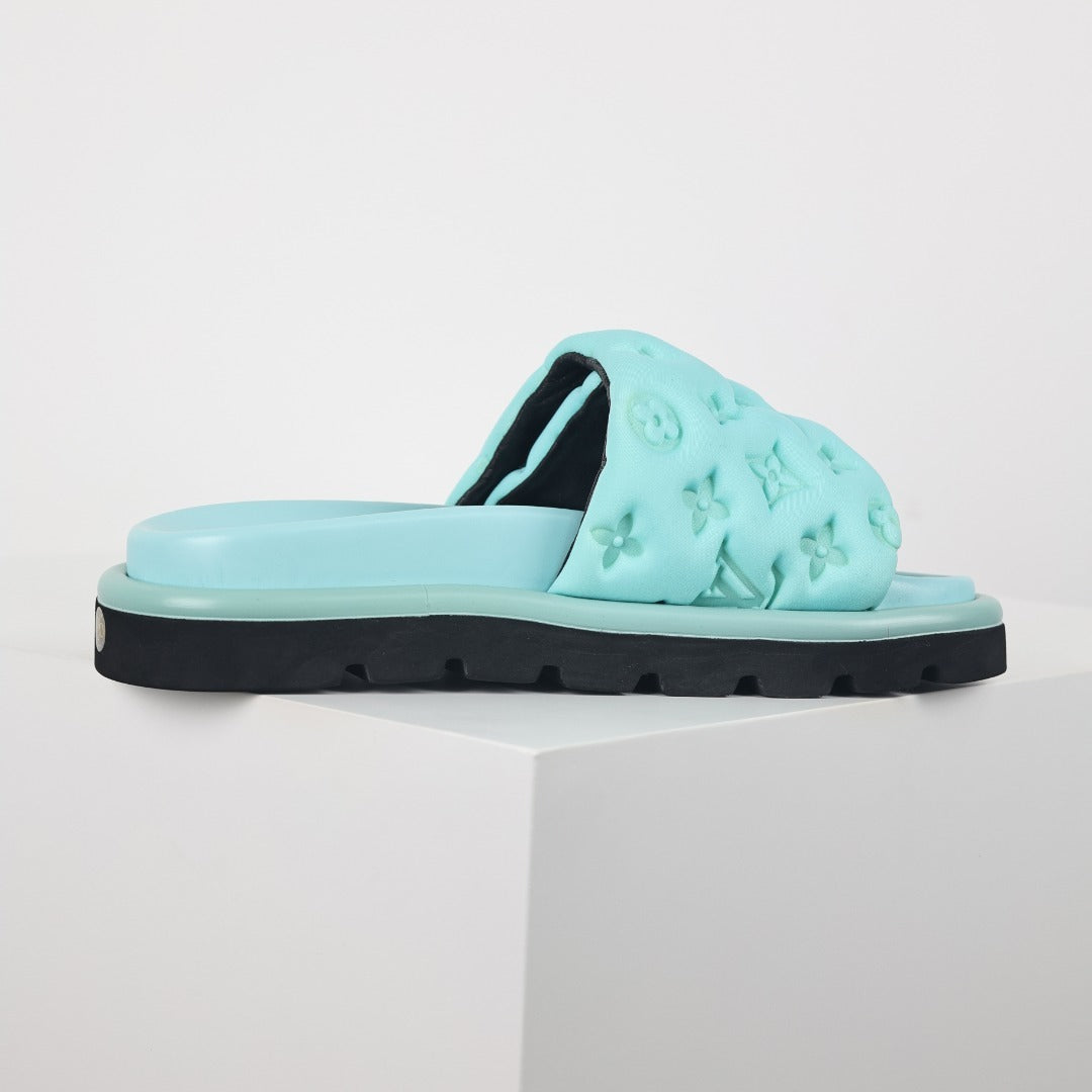 L***V Mint Green Tonal Monogram Puffy Quilted Wide Strap Platform Slide Sandals — 2024 Spring Summer Boutique Limited Edition