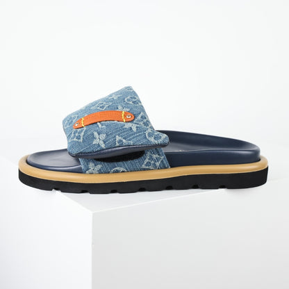 L***V Denim Monogram Double Strap Velcro Slide Sandals — SS24 Wide Band Slip-On Pool Beach Slippers (4 Colors)