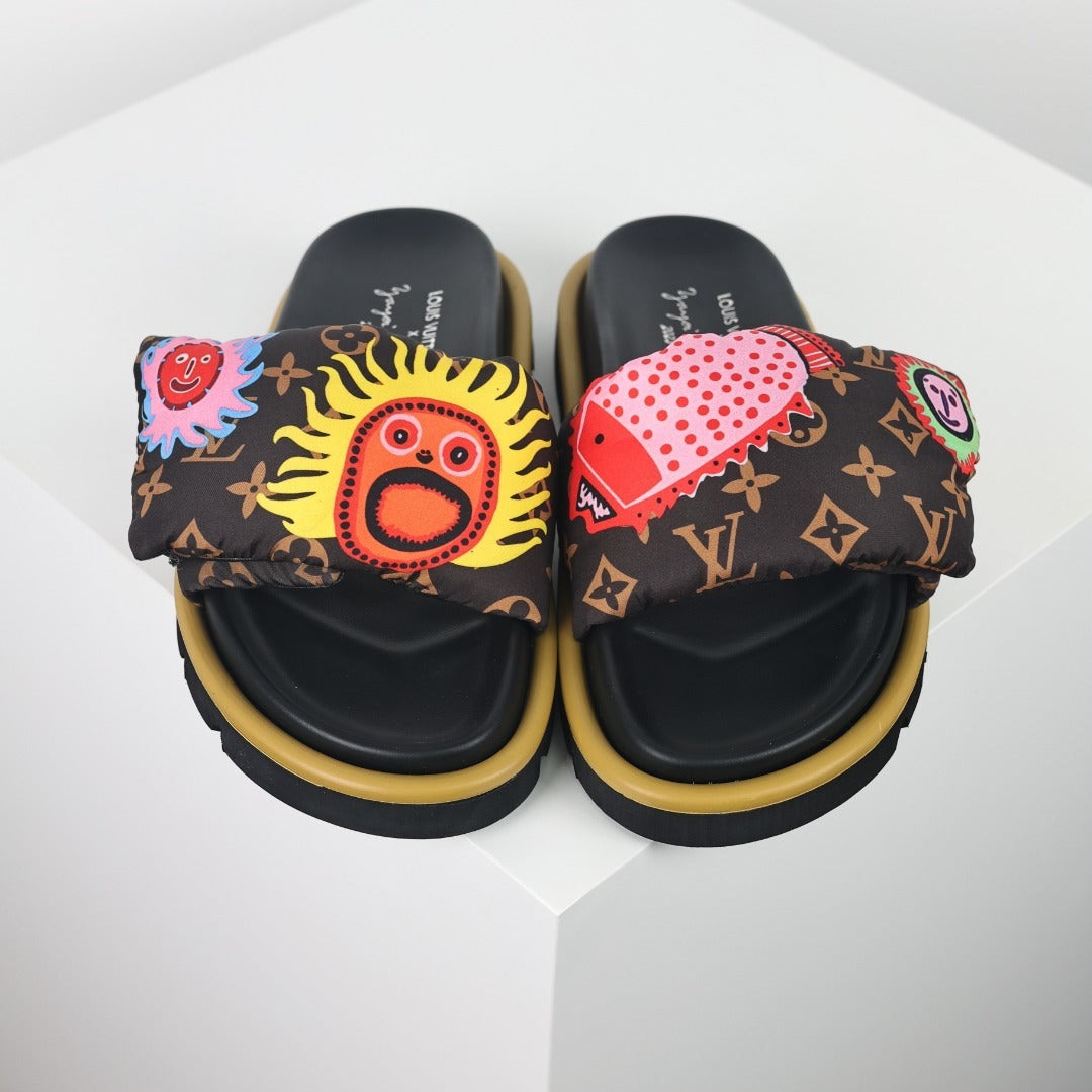 L***V Brown Monogram Graffiti Circle Print Wide Strap Platform Slide Sandals — Spring Summer Boutique Limited Edition