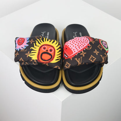 L***V Brown Monogram Graffiti Circle Print Wide Strap Platform Slide Sandals — Spring Summer Boutique Limited Edition