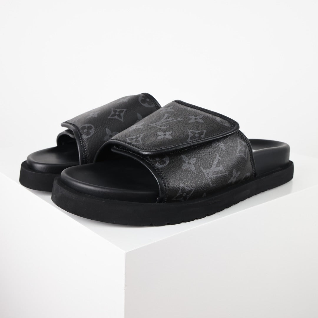 L***V Monogram Eclipse All-Black Velcro Adjustable Wide Strap Miami Slide Sandals — Spring Summer Boutique Limited Edition