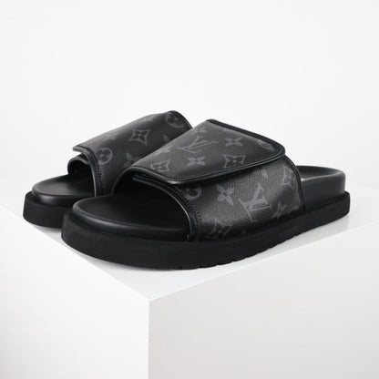 L***V Monogram Eclipse All-Black Velcro Adjustable Wide Strap Miami Slide Sandals — Spring Summer Boutique Limited Edition