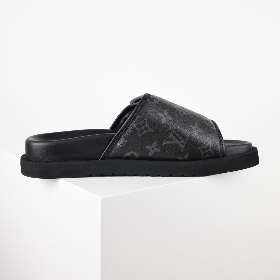 L***V Monogram Eclipse All-Black Velcro Adjustable Wide Strap Miami Slide Sandals — Spring Summer Boutique Limited Edition