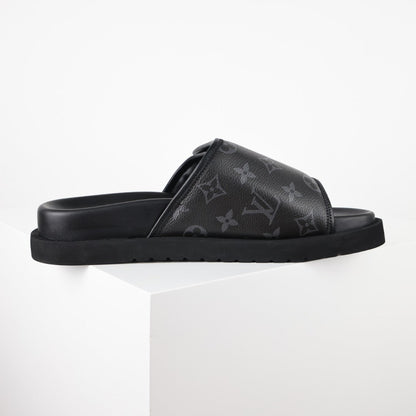 L***V Monogram Eclipse All-Black Velcro Adjustable Wide Strap Miami Slide Sandals — Spring Summer Boutique Limited Edition
