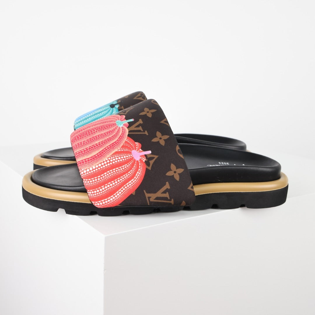 L***V Monogram Floral Embroidered Slide Sandals — 3D Coral & Mint Wide Band Slip-On Pool Beach Slippers (8 Colors)